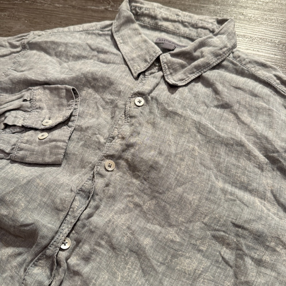 Martin Gordon Shirt Mens Large Gray Geometric 100% Linen Coastal Vacation Casual